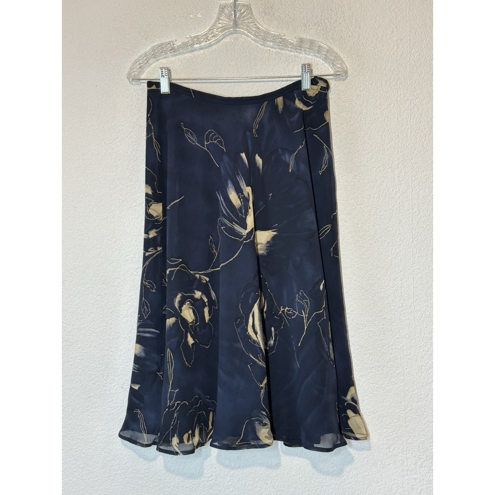 Dana Bachman Petite Size 10P 100% Silk Lined‎ Skirt Navy Blue Floral Flowy
